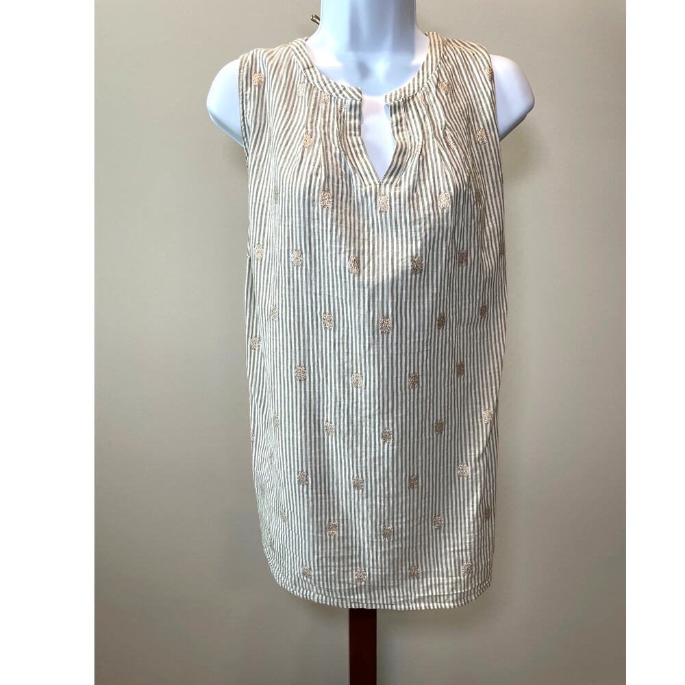 Talbots XL Sleeveless Tunic Top in Cream & Olive Green with Copper Embroidery